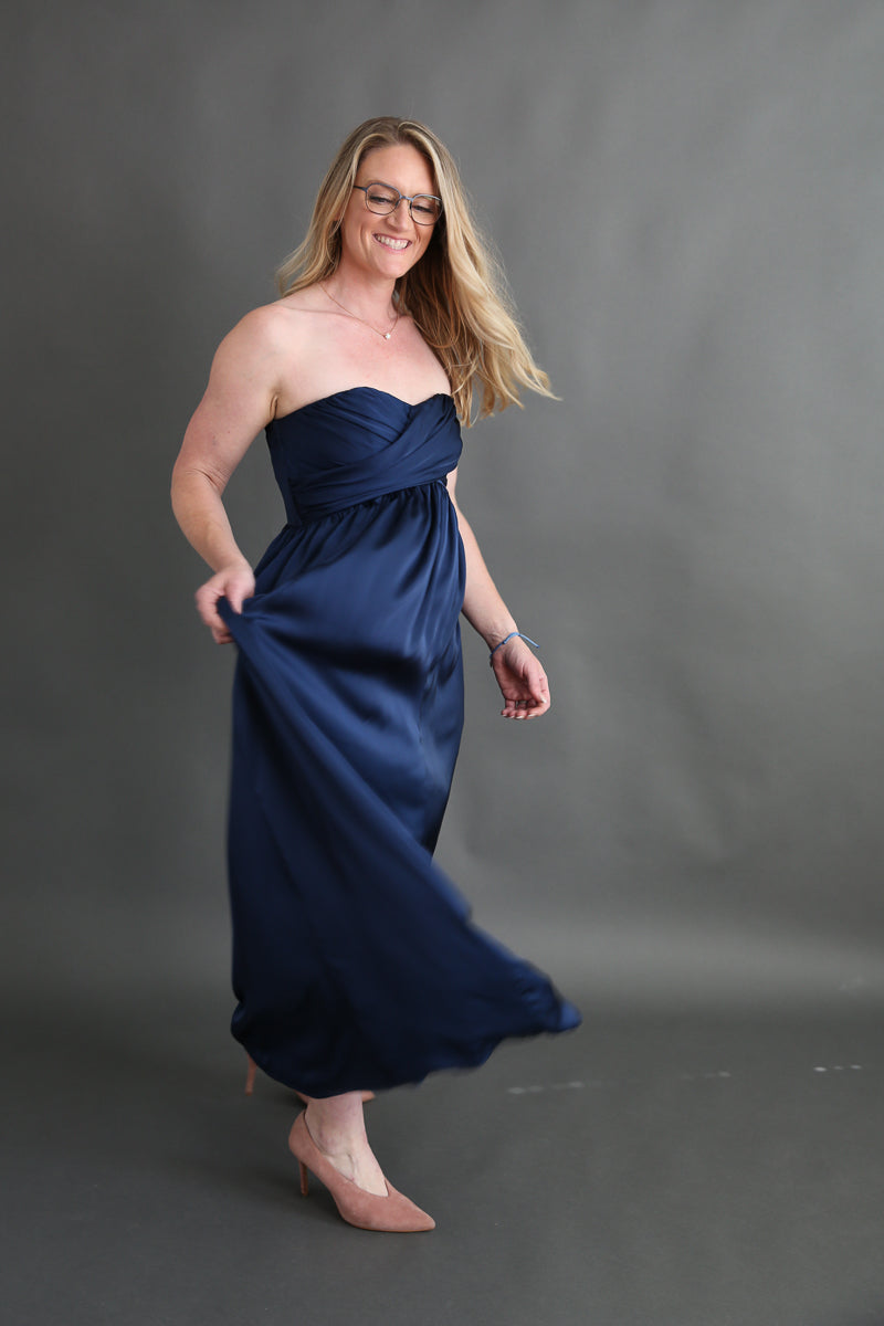 Navy Satin Strapless Dress Rental - Size Medium/8