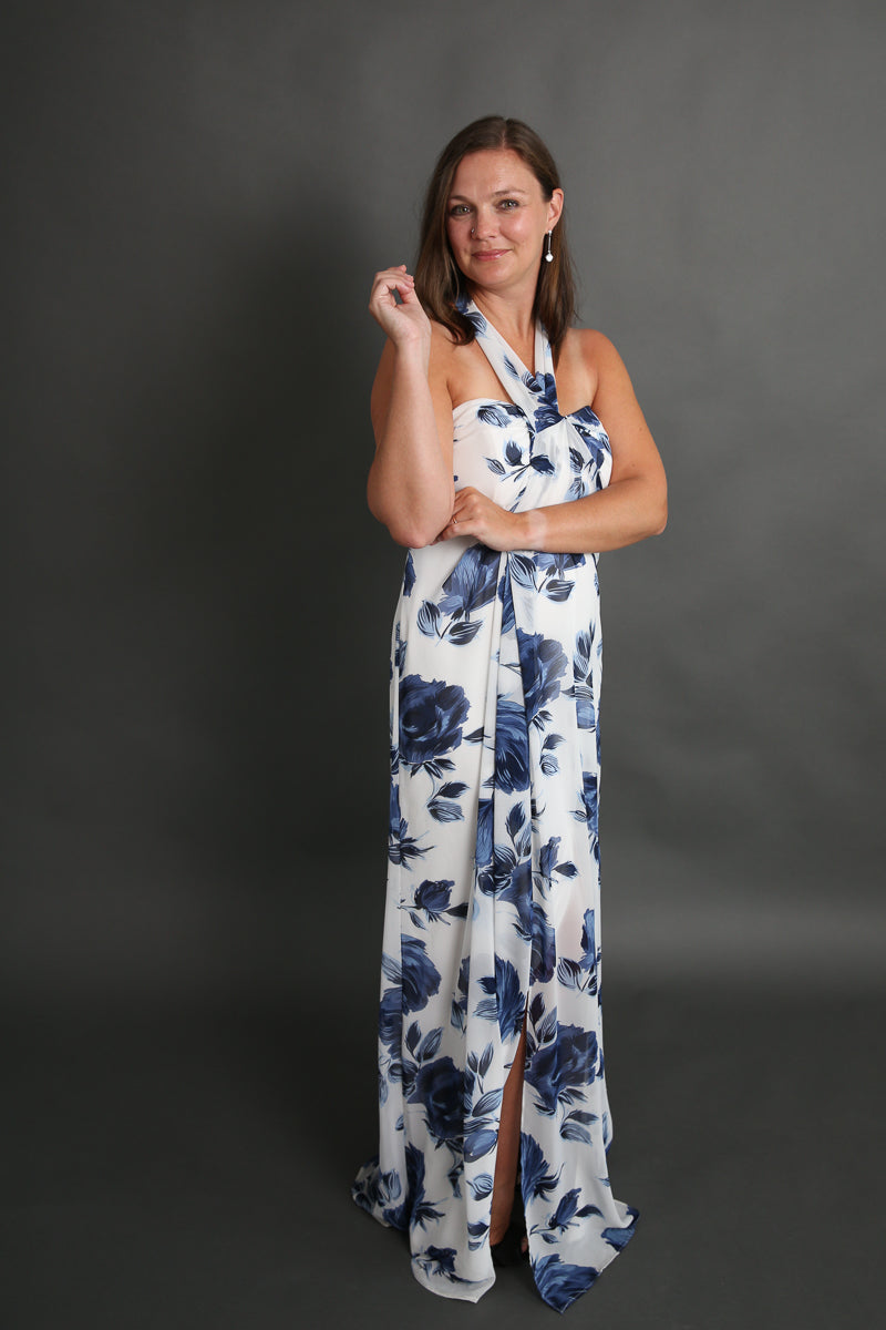 Blue and White Floral Halter Dress Rental - Size Small/6