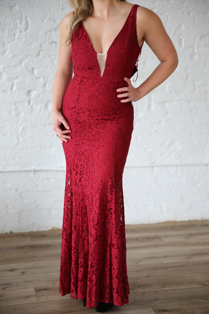 Red Lace Fit and Flare Dress Rental - Size Small