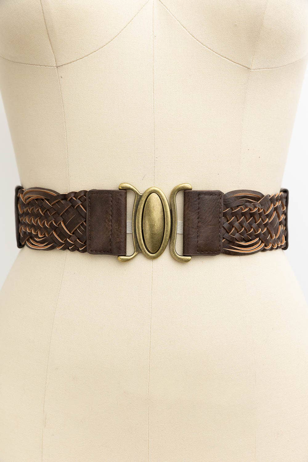 Oval Buckle Braided Elastic Belt: Brown