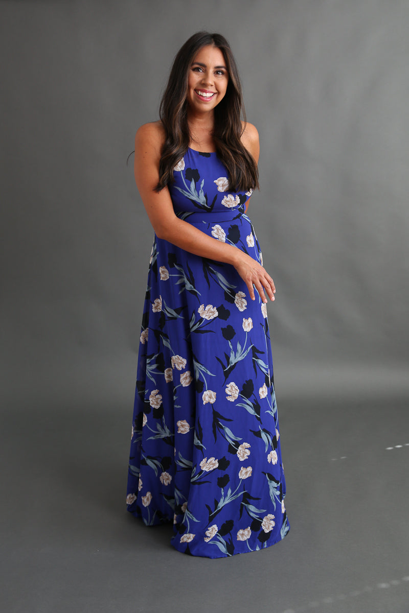 Royal Blue Floral Maxi Dress Rental - Size Medium