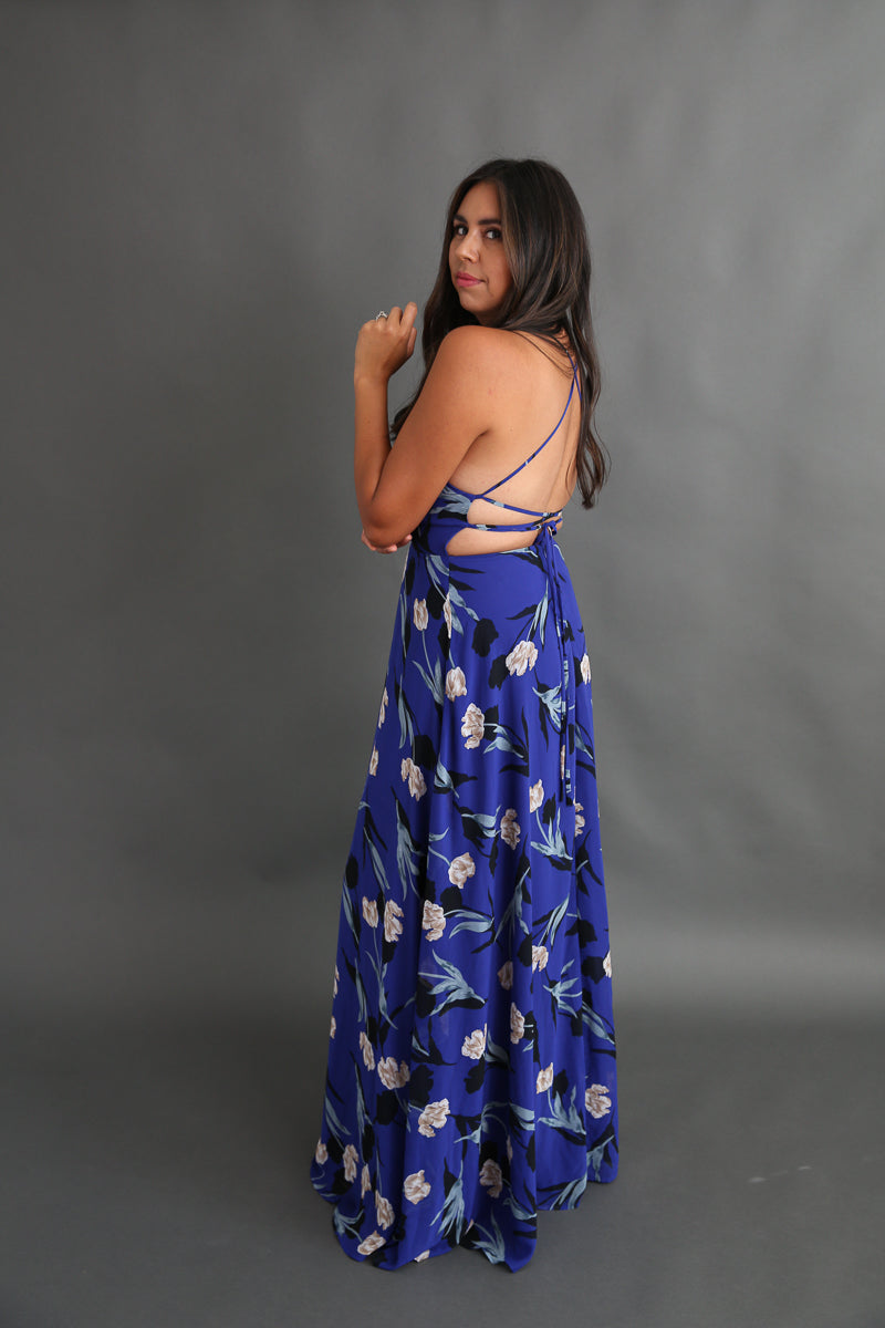 Royal Blue Floral Maxi Dress Rental - Size Medium