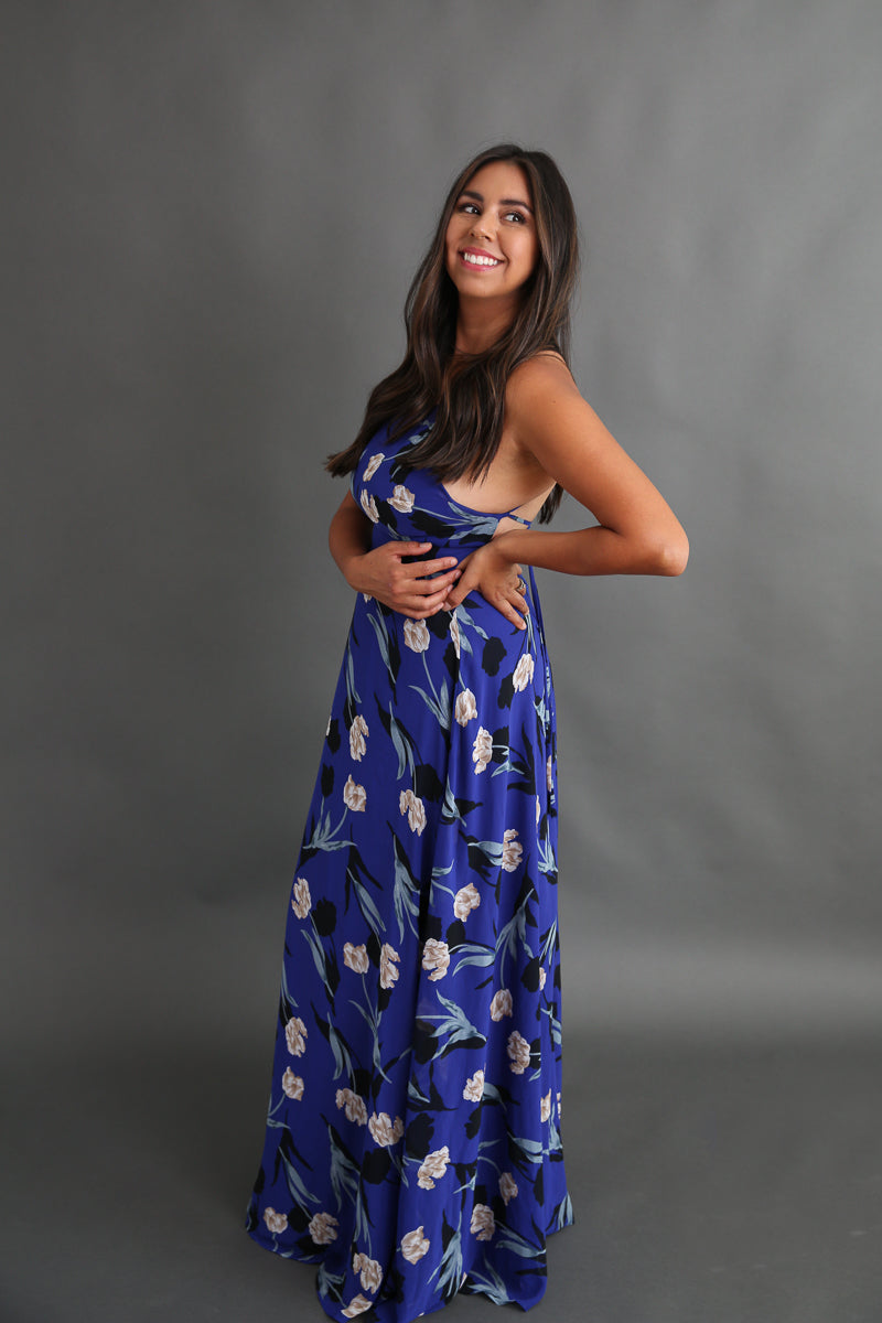 Royal Blue Floral Maxi Dress Rental - Size Medium