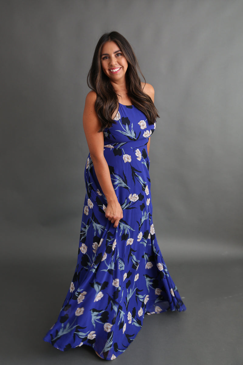 Royal Blue Floral Maxi Dress Rental - Size Medium