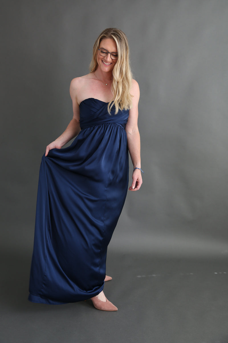 Navy Satin Strapless Dress Rental - Size Medium/8