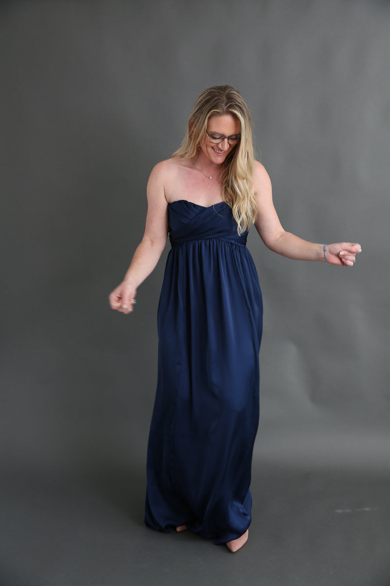 Navy Satin Strapless Dress Rental - Size Medium/8