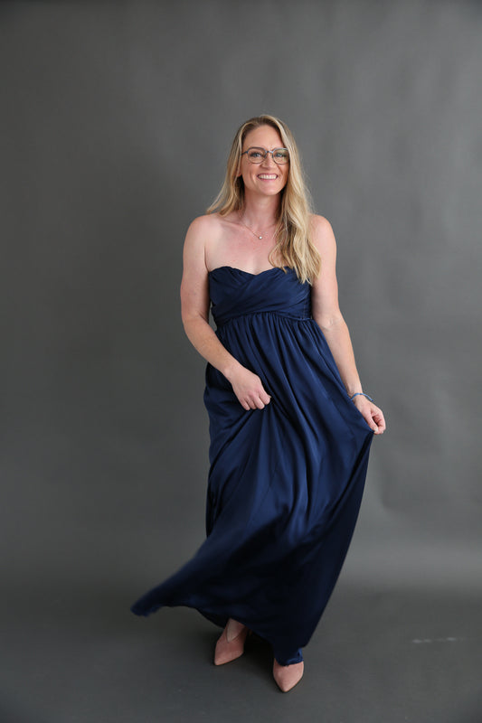 Navy Satin Strapless Dress Rental - Size Medium/8