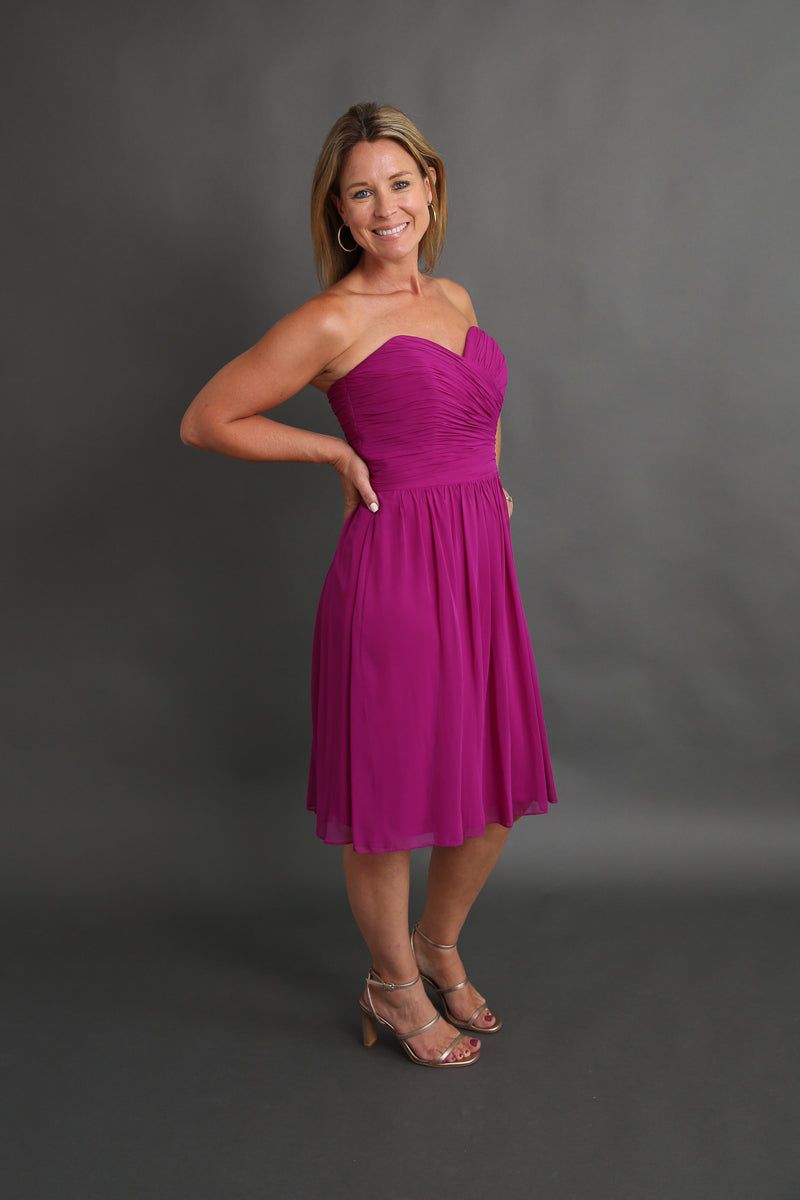 Fuscia Strapless Midi Cocktail Dress Rental - Size Medium (6/8)