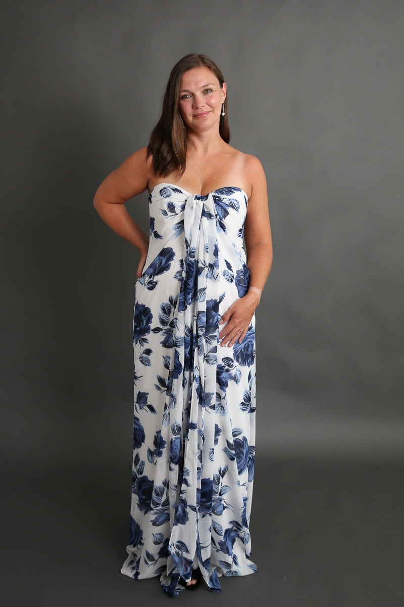 Blue and White Floral Halter Dress Rental - Size Small/6