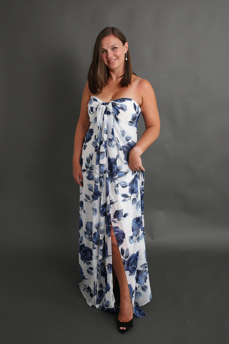 Blue and White Floral Halter Dress Rental - Size Small/6