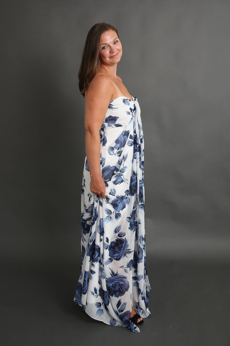 Blue and White Floral Halter Dress Rental - Size Small/6