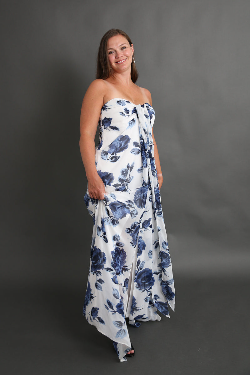 Blue and White Floral Halter Dress Rental - Size Small/6