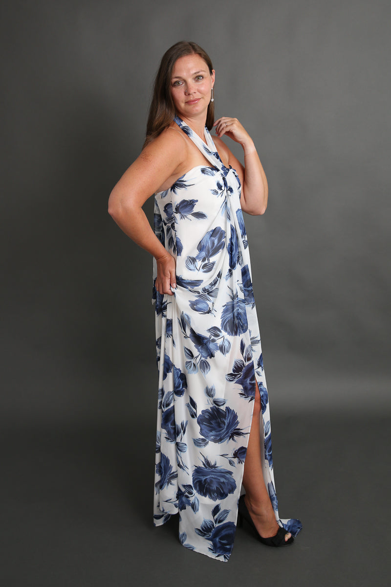 Blue and White Floral Halter Dress Rental - Size Small/6