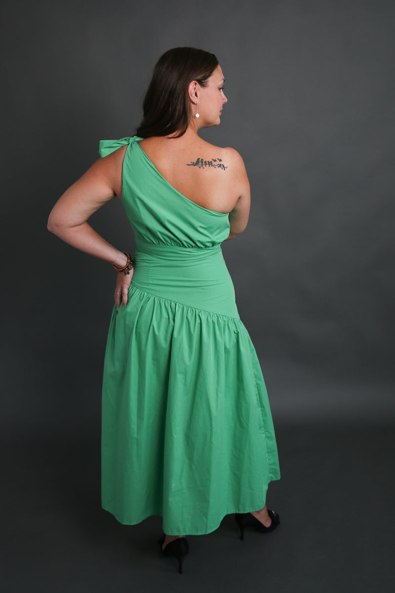 Green One Shoulder with Bow Dress Rental - Size Medium