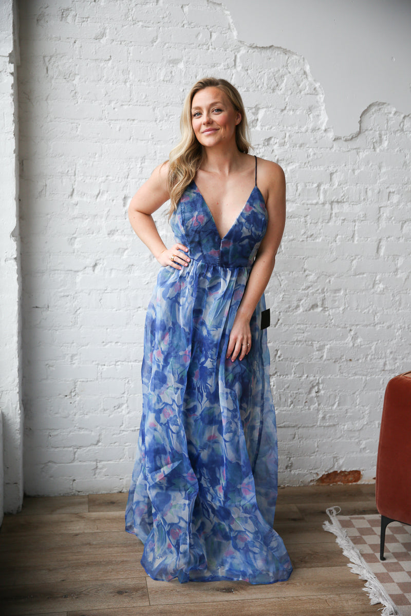 Blue Floral Organza Dress Rental - Size X-Large