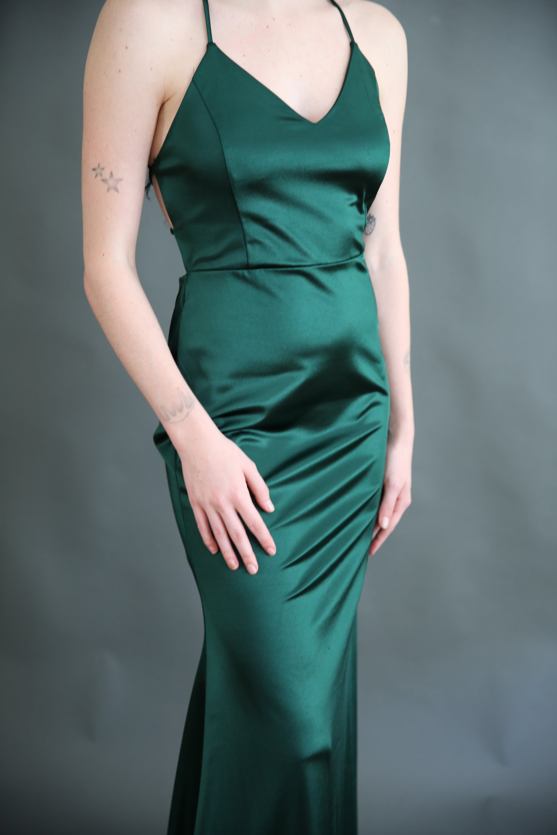 Emerald Green Satin Dress Rental - Large (runs small) DRESSED Rentals Emerald Green Satin Dress Rental - Large (runs small) DRESSED Rentals